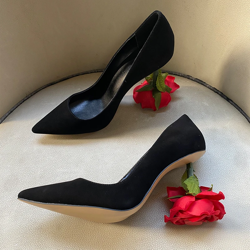 

Женские замшевые туфли-лодочки, черные туфли на высоком каблуке-шпильке, с острым носком, без застежки, с цветочным принтом, размеры до 43, для весны и осени