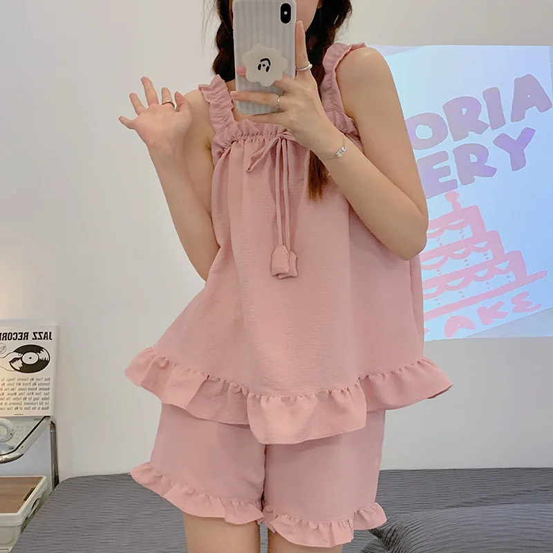 

2023 new Simple suspender pajamas women's summer sexy green cotton and linen gauze summer suit large suspender trousers