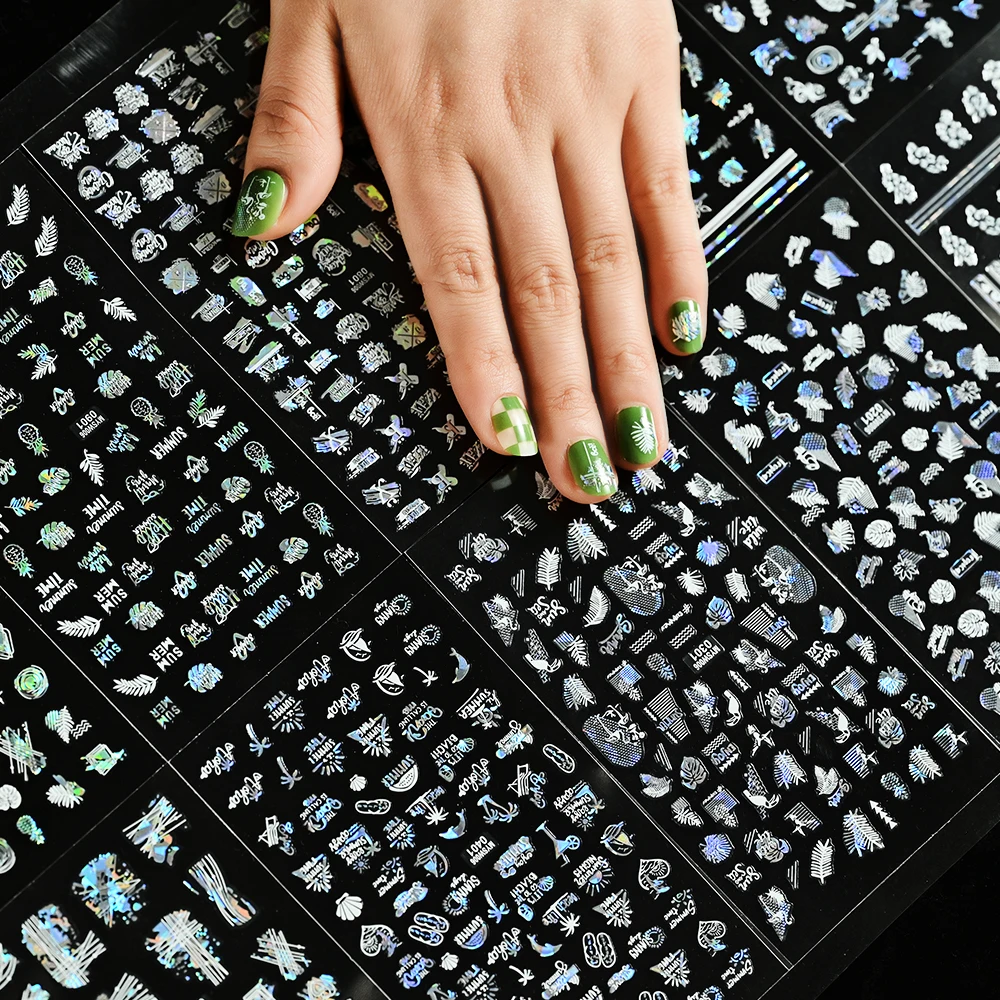 

10pcs/Set 3D Stickers for Nails Design Laser Simple Lines Leaves Geometry Nail Wraps Sticker Nail Art Decoration Transfer Decals