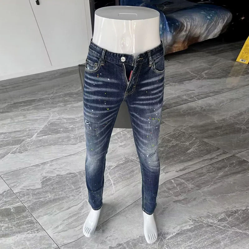 Street Fashion Men Jeans High Quality Retro Blue Elastic Stretch Skinny Ripped Jeans Men Painted Designer Hip Hop Brand Pants