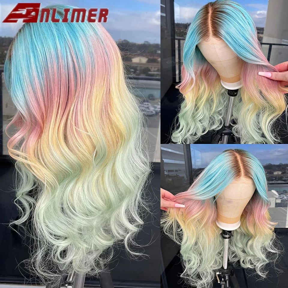 Цветные человеческие волосы на сетке, фронтальные парики, синий цвет, искусственные человеческие волосы, прозрачные кружевные парики для ж...