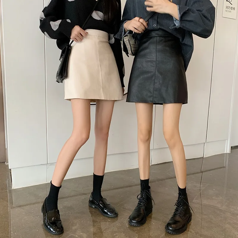 

Korean Women Leather Skirts Solid All-Match A-line Female Short Skirt Autumn Winter Fashion The High Waist Package Hip