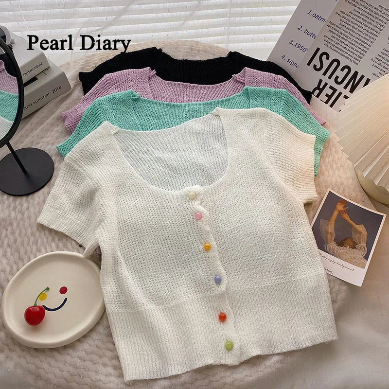 

Pearl Diary Women Multicoloured Single-Breasted Short Sleeves T-Shirt Summer Fashion Korean Version Thin Short Cardigan Tops