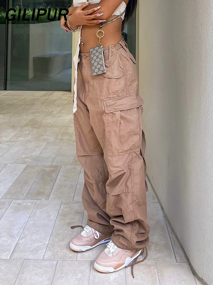 

Khaki Cargo Pants Women High Waist Denim Overalls Casual Pants Baggy Vintage Y2k Streetwear Trousers Fashion Straight Jeans