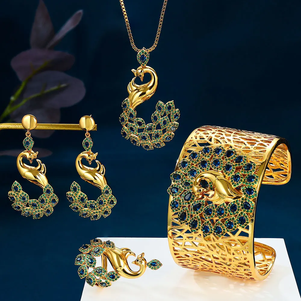 

24 K Gold Plating 4PCS Bracelet Ring Necklace Earring Set For Women Wedding Bridal Zircon African/Indian/Dubai Bridal Sets