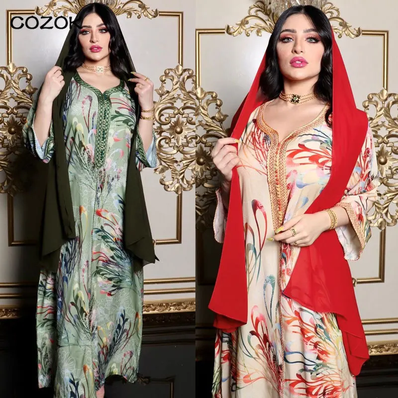 

Новое мусульманское платье с цветочным принтом для женщин, Дубай, арабское женское платье, Турция, Марокко, кафтан, мусульманская одежда, ин...