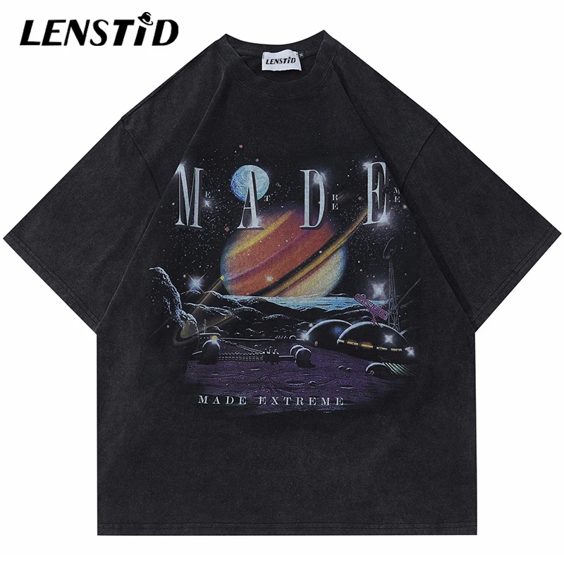 

Summer Men Oversize Tshirts Hip Hop Space Station Graphic Print T Shirts Punk Gothic Streetwear Harajuku Casual Cotton Tops Tees