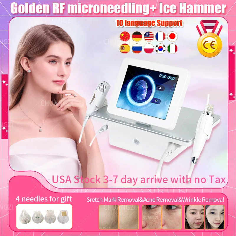 Enlarge 2023 2in1 RF Gold MicroNeedle Beauty Machine Facial Liftting Stretch Mark Acne Wrinkle Removal Cold Hammer SkinTightening Beauty