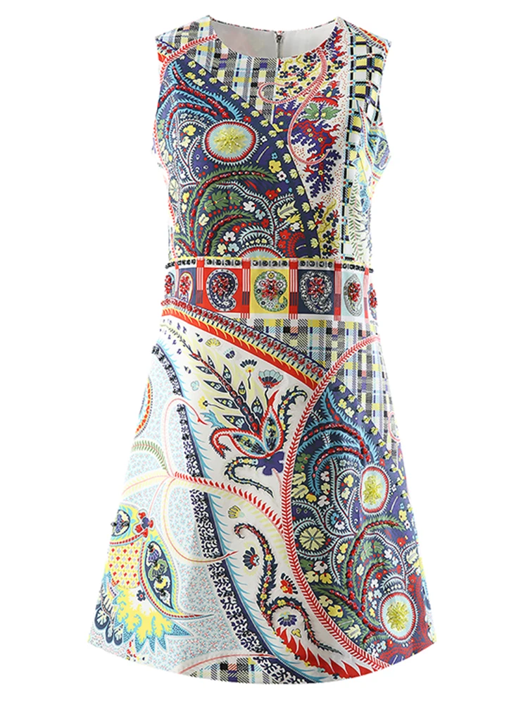 

Runway 2022 Summer Vintage Dress Women Sleeveless Beading Crystal Luxury Flower Print Elegant Office Lady