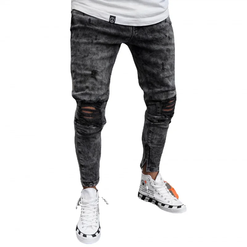 Festival Is Not Closing  Europe and America Cross Border Slim Fit Ripped Fashion Black Leg Opening Zipper Skinny Jeans Men's Tro