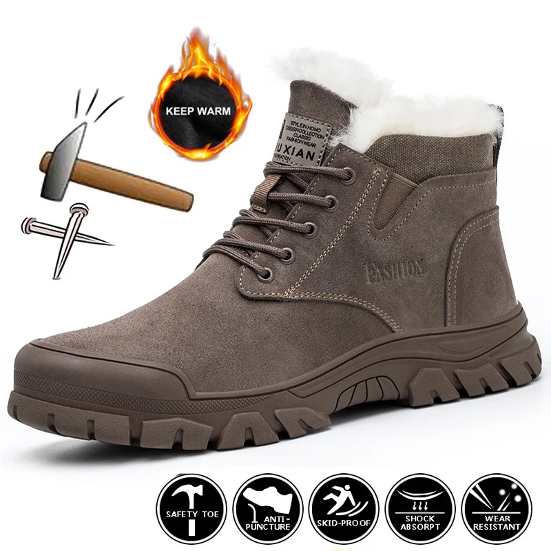 

2022 Winter New Men's Work Shoes Steel Toed Impact Resistant Stab Resistant Indestructible Safety Boots Warm Outdoor Shoes