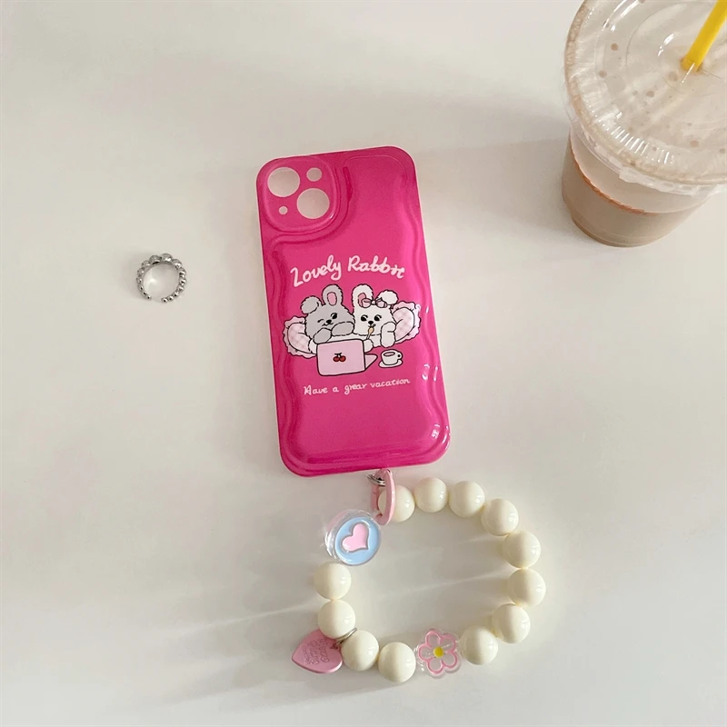 

Cute Wave Pattern Bear Rabbit With Lanyard Girl Soft Phone Case For Iphone 11 12 13 Pro Max X Xs Xr Full Lens Protection Cover