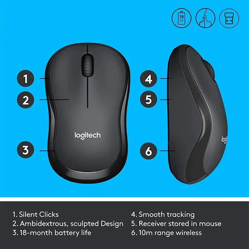 Фото Новая беспроводная мышь Logitech M220, бесшумная мышь 2,4G с USB-приемником, 1000 точек на дюйм, аксессуары для ноутбуков, игровая мышь для ПК, Mac, ноутбука №4