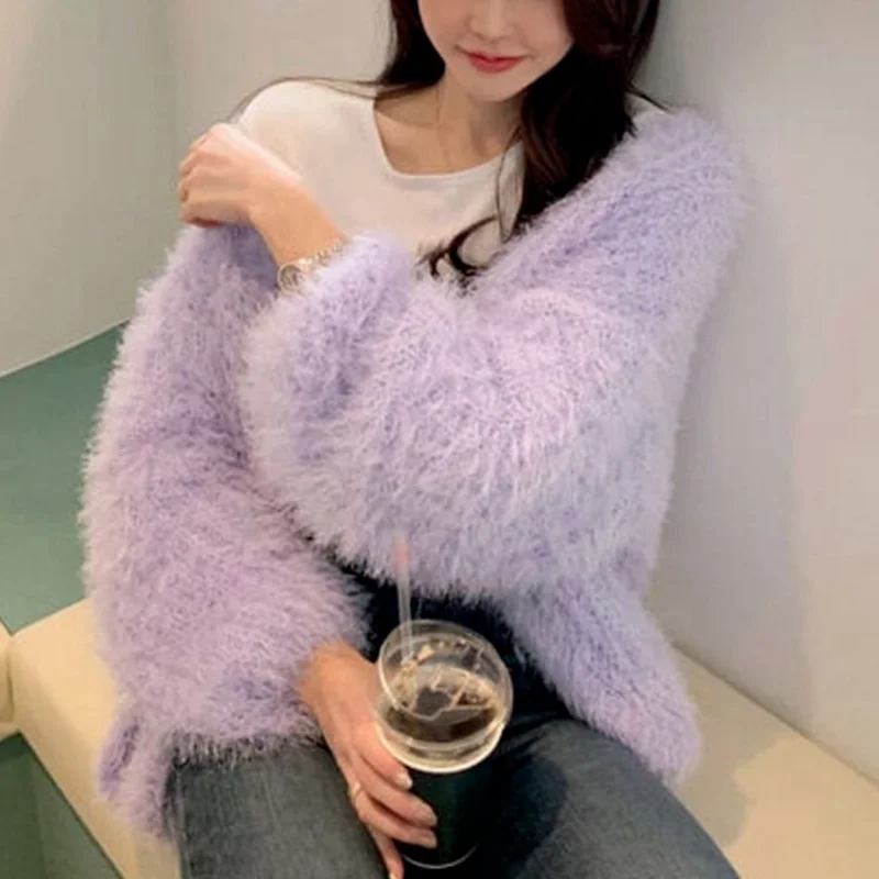 

2021 New Women Sweater Furry Puff Sleeves Cardigan Female Coat Fairy Elegant Solid Sweet Soft Mohair Cardigans Casual Teddy Tops