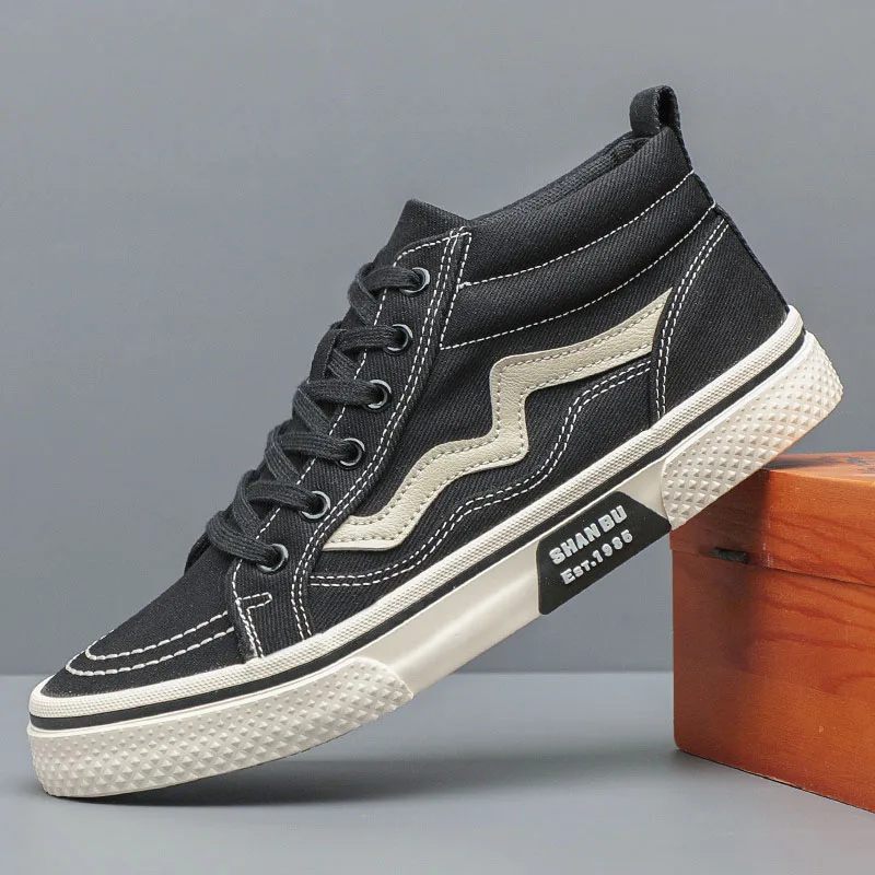 Мужские парусиновые кроссовки высокие полосатые плоская подошва скейтборд на