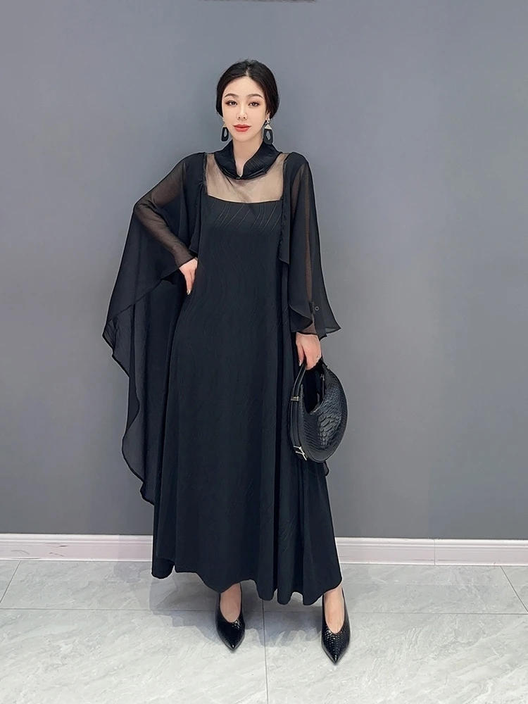 

URIOR 2023 Summer New Women Black Dress Personalized Splicing Mesh Large Skirt Pleated Flounce Trendy Girl Casual Dress