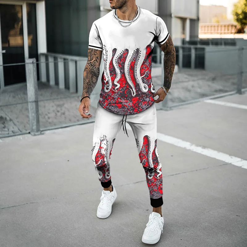 The Tentacle Men's oversized Tracksuit 2 Pieces Sets Men Casual Fitness Short Sleeve T Shirt+Trousers Men's Casual Sportswear Su