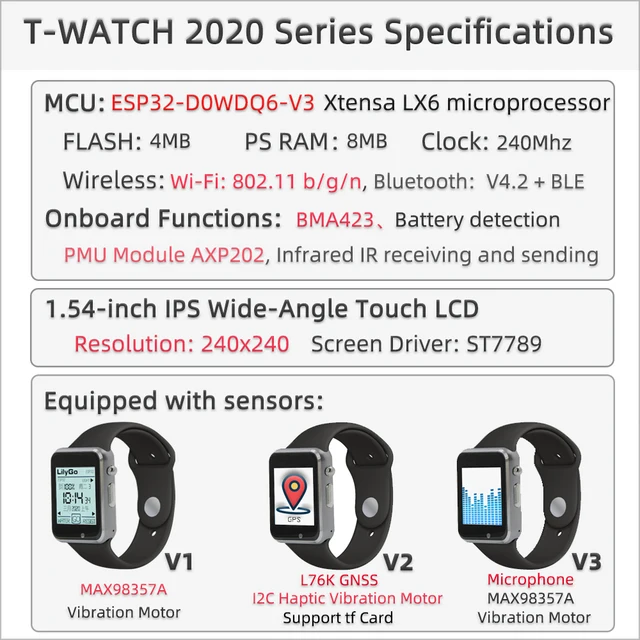 LILYGO® T-Watch 2020 ESP32 Wireless WIFI Bluetooth Watch 1.54 Inch Touch Display Programmable Wearable Environmental Interaction 6