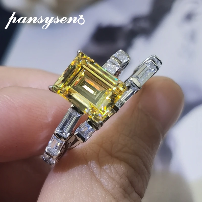 

PANSYSEN Luxury Real 925 Sterling Silver Emerald Cut Citrine High Carbon Diamond Wedding Bridal Ring Sets for Women Fine Jewelry
