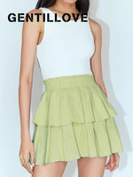fashion green cute ruffles women mini skirt kawaii solid color elastic waist girl pencil fairy miniskirt spring summer clothing