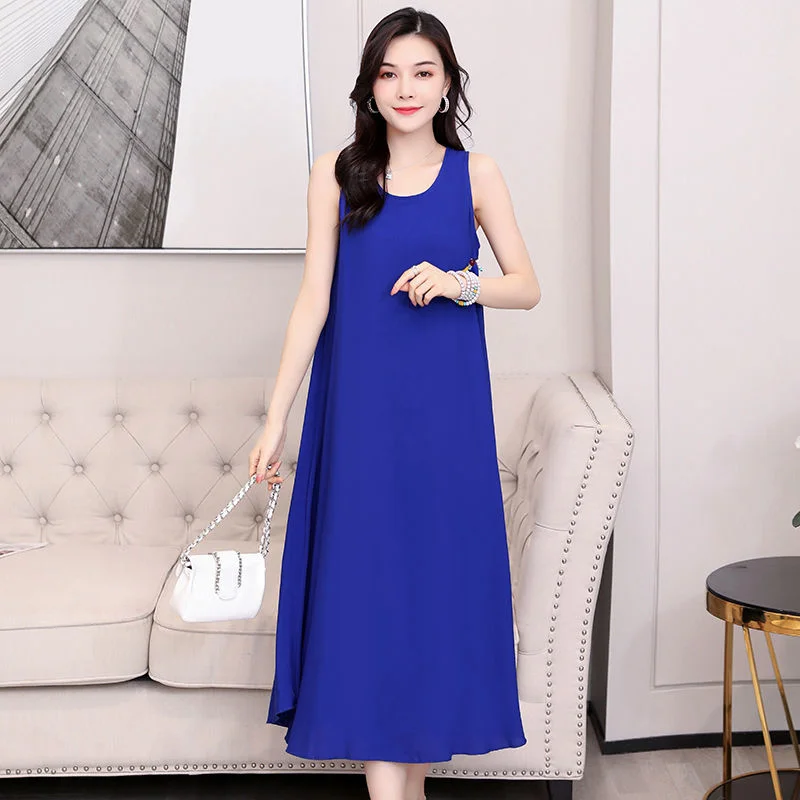 

Summer Vintage Sleeveless Women Midi Dress 2022 Casual Solid Color O Neck Loose Sundress Elegant Female Basic A-line Black Dress