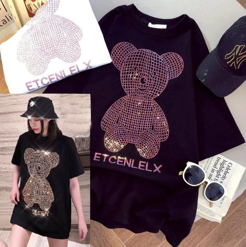 

Хлопковые Модные топы с золотыми стразами, футболка с блестящими стразами, женская футболка с коротким рукавом, новинка весны 2022, модная жен...