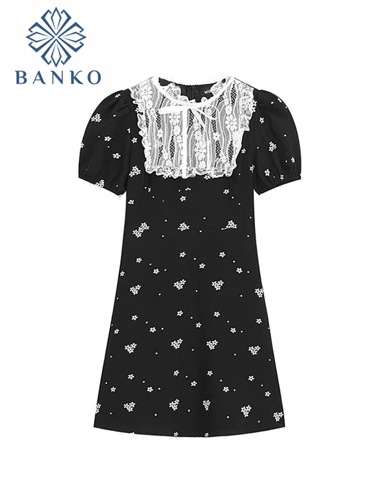 

Винтажное Черное женское кружевное платье в стиле пэчворк, милые мини-платья-трапеции в стиле ретро с пышными рукавами и круглым вырезом, же...