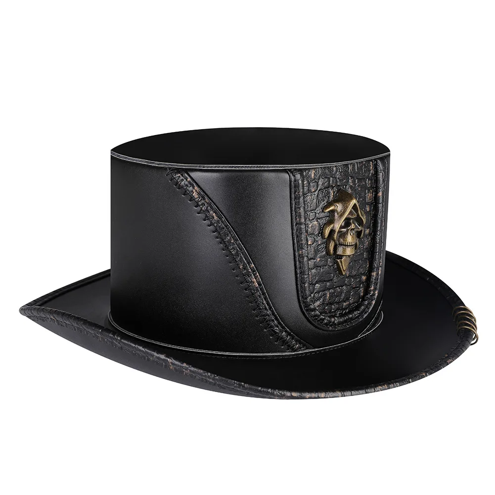 Unisex Pu Leather Black Patchwork Cap Perfor Gentleman Fedora Streampunk Metal Skull Decorative Plague Doctor Dome Magic Hat