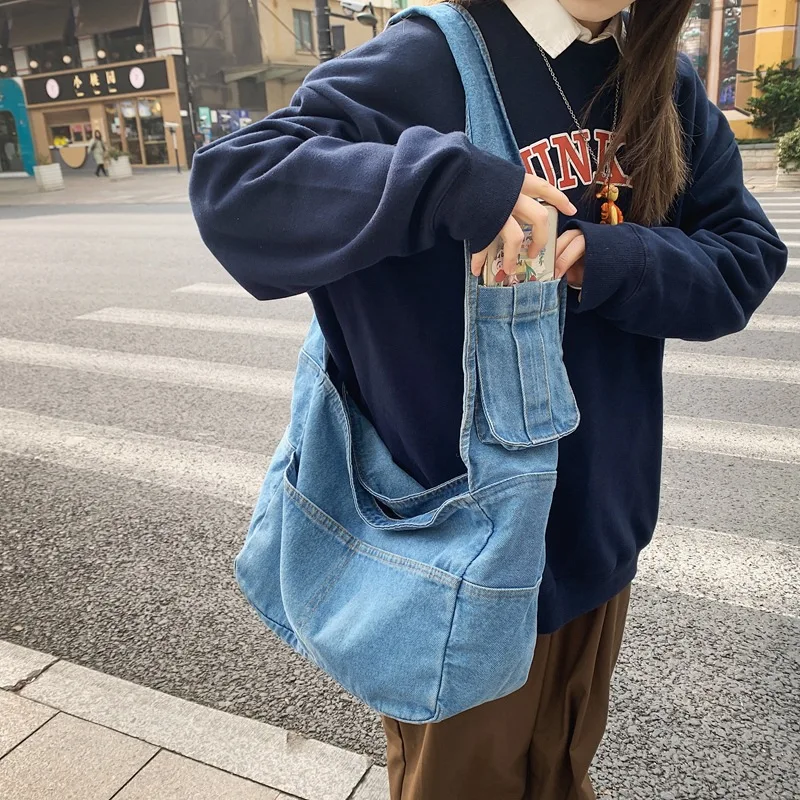 

Korean Canvas Shoulder Crossbody Women's Bag Denim Fashion Girl Students Messenger Book Bag for Woman 2022 Trend Large Handbags