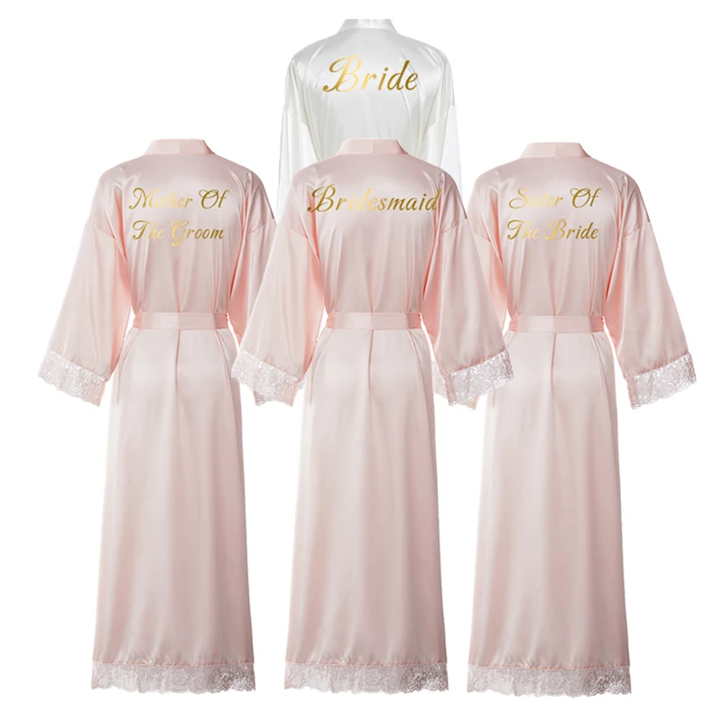 Satin Silk Lace Robe Bride Bridesmaid Robes Wedding Bridal Long Robe Bathrobe Women Dressing Sleepwear Blush
