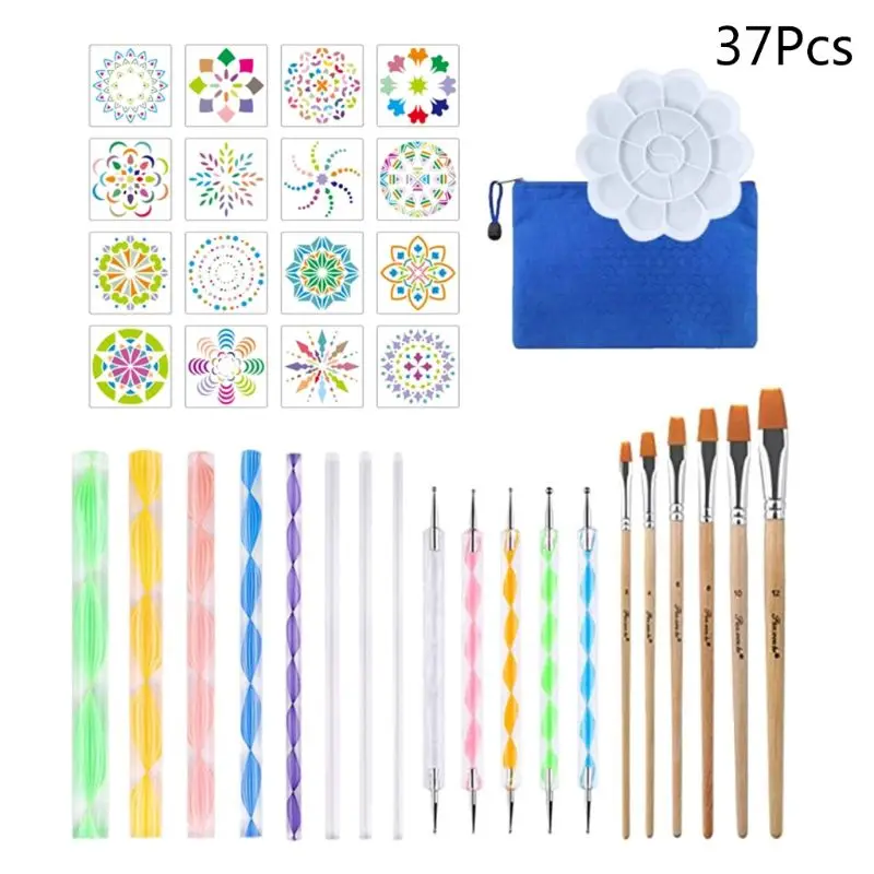 

37/40pcs Mandala Dotting Pen Handwork Tools Set for Rock Painting with Stencils Template Brush Paint Tray