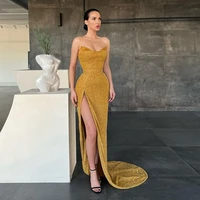 weilinsha gold sequin evening dress v neck sleeveless sexy high slit long train prom dresses sparkling formal party gown