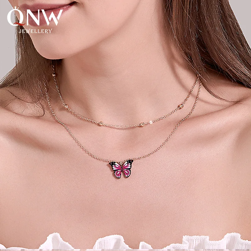 

Vintage Style Double Beads Colorful Butterfly Necklace Clavicle Chain for Women Girls Daily Party Gifts Jewelry Accessories