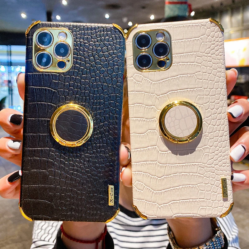 

Crocodile Leather Pattern Shockproof Magnetic Phone Case for IPhone 11 12 13 14Pro Max XR X XS Max 8 Plus Ring Holder Soft Cover