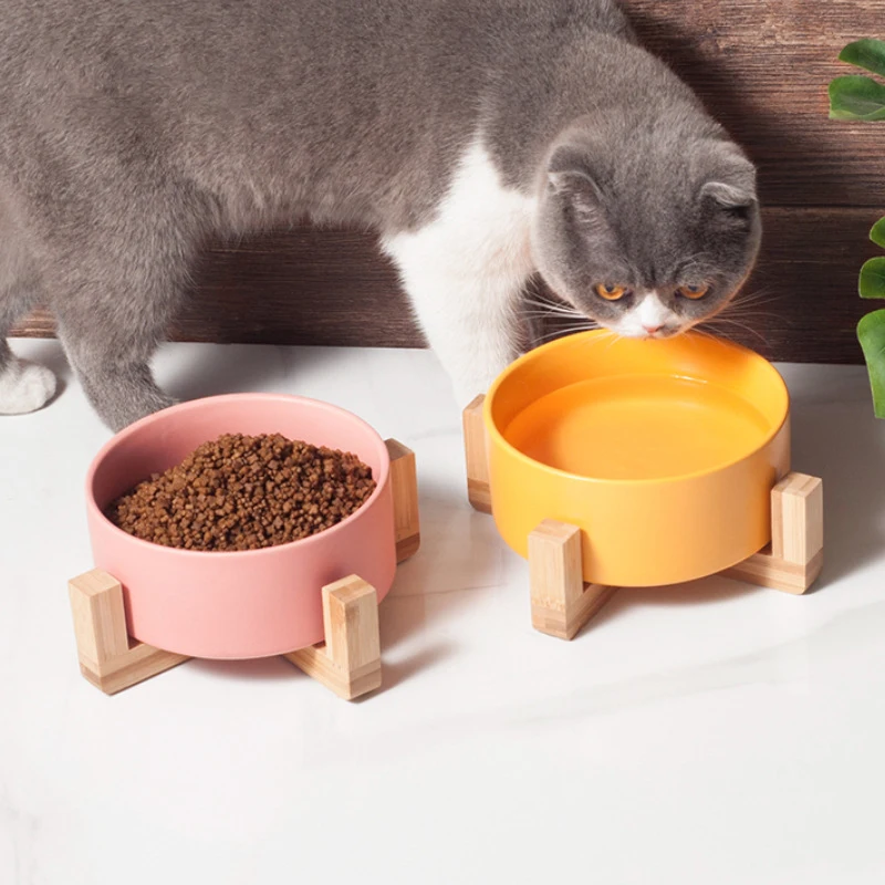 

850ML Dogs Food Water Feeders Nordic Style Pet Ceramic Drink Eat Bowls Pet Elevated Non-slip Feeding Bowl with Wooden Stand
