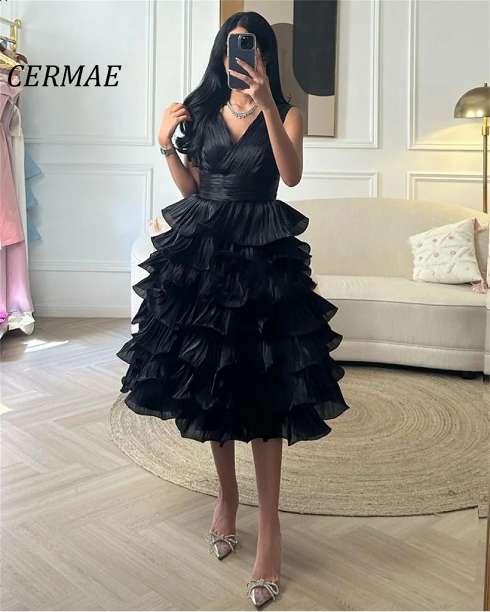 

CERMAE V-Neck Ball Gown Bubble Elegant Chiffon Evening Gown Prom Black A-Line Party Dresses for Women 2023