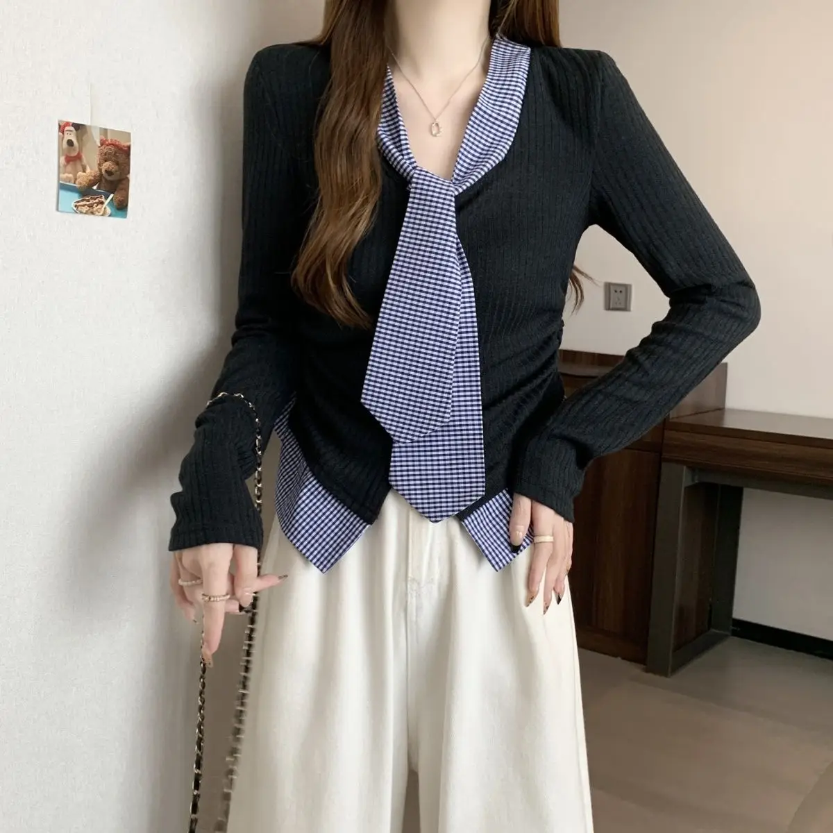 Женский трикотажный топ с длинным рукавом Облегающая рубашка в Корейском стиле