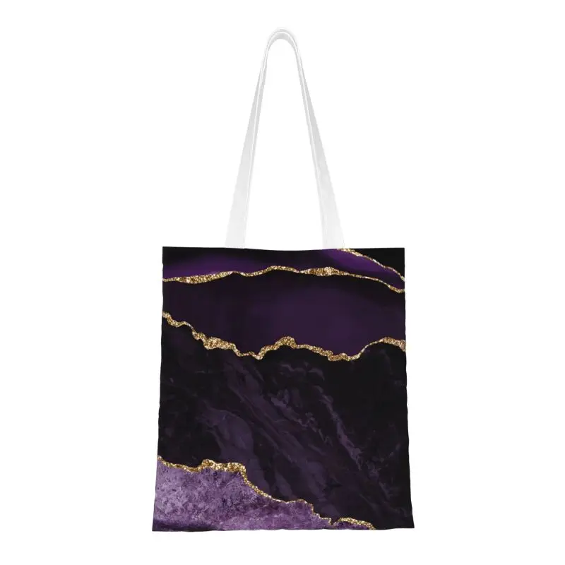

Purple And Gold Agate Grocery Tote Shopping Bags Women Cute Marble Geometric Canvas Shoulder Shopper Bag Big Capacity Handbags