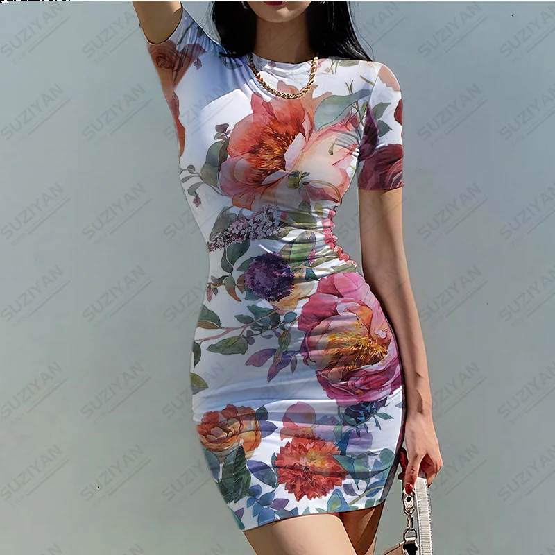 

2023 Summer New Fashion Sexy Women's Short Sleeve Round Neck Dress Colorful Flower 3D Print Beach Dress Hawaii Casual Fit Dress