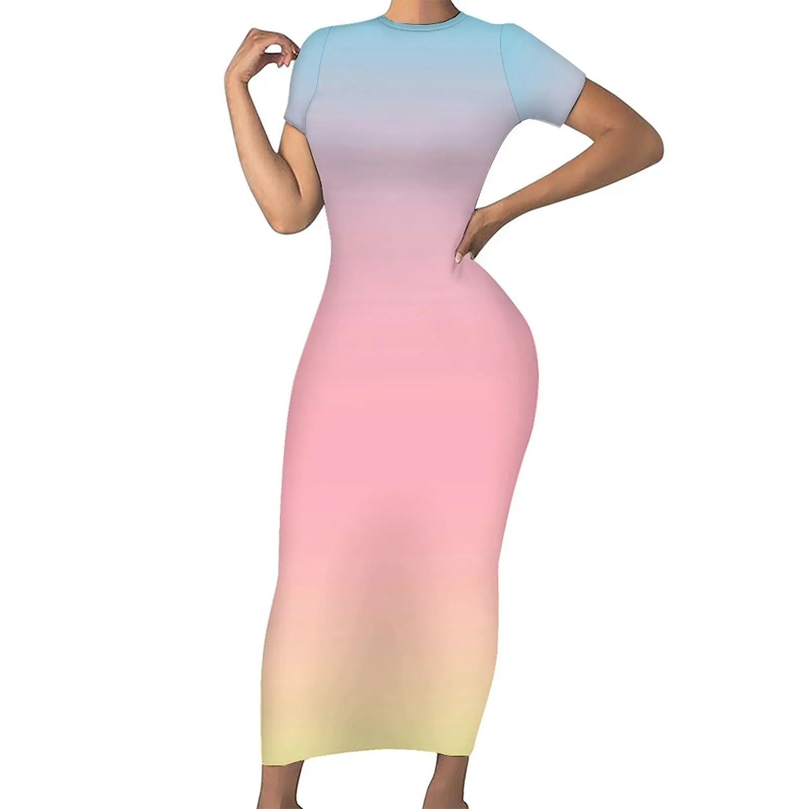 

Abstract Sunset Bodycon Dress Spring Pastel Ombre Print Elegant Maxi Dresses Women Short Sleeve Pattern Fashion Dress Big Size
