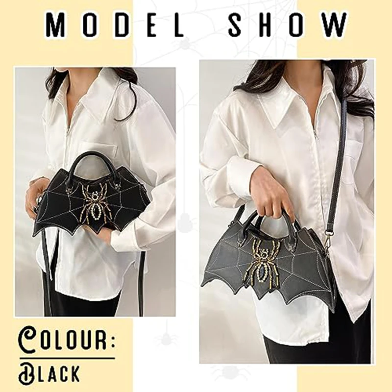 

Women's PU Leather Halloween Bat Spider Rhinochone Shoulder Bag Adjustable Crossbody Bag Solid Color Lady Handbag
