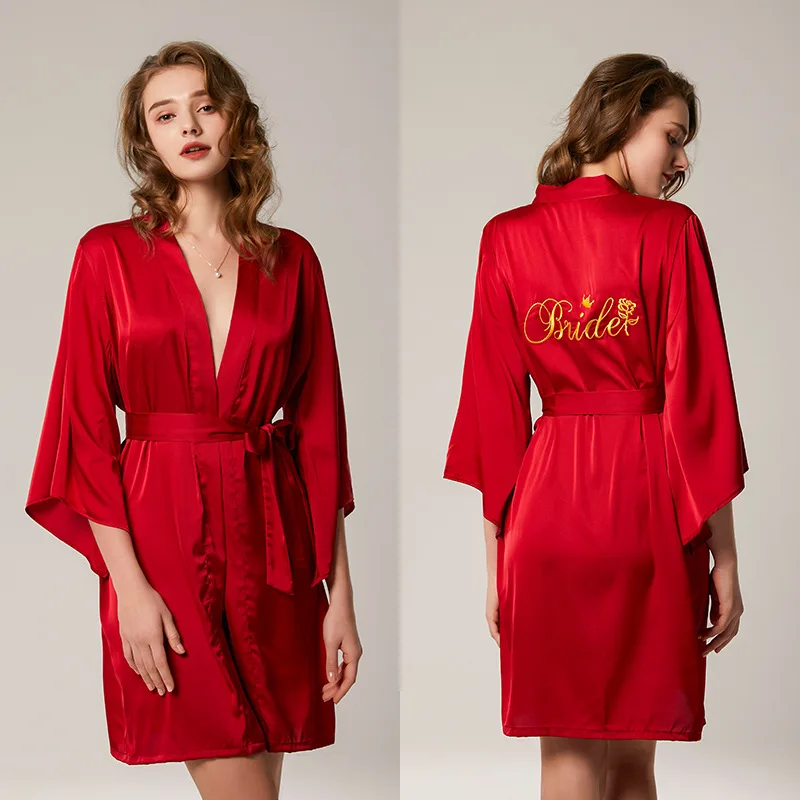 

Summer Women Satin Wedding Bride Bridesmaid Embroidery Robe Kimono Feminino Peignoir Femme Sexy Bathrobe