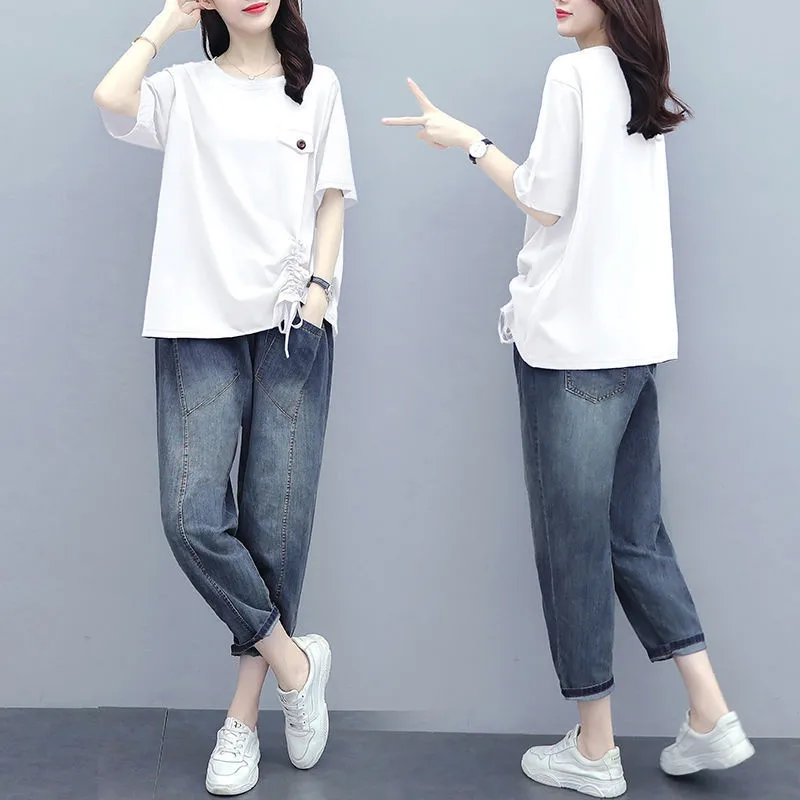 Женский Повседневный комплект из двух предметов белая черная свободная футболка