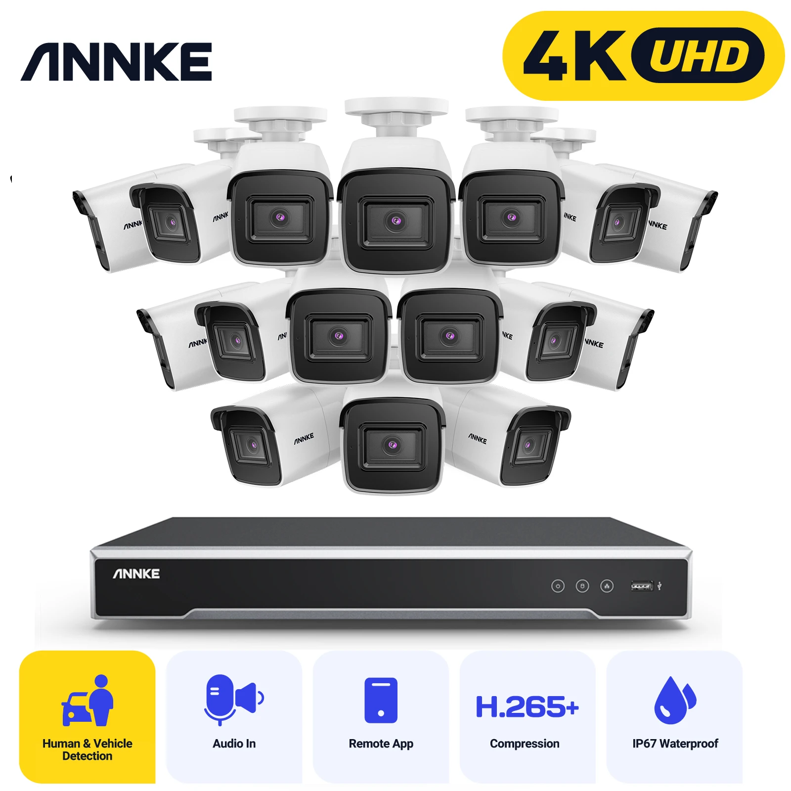 ANNKE ANP1600 16CH 4K Ultra HD POE Network Video Security System H.265+ NVR With 16Pcs 8MP Night Vision Outdoor IP Camera Kits