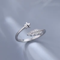 new trendy silver color zircon star feather handmade rings for woman cute ring opening design jewelry girl party gift