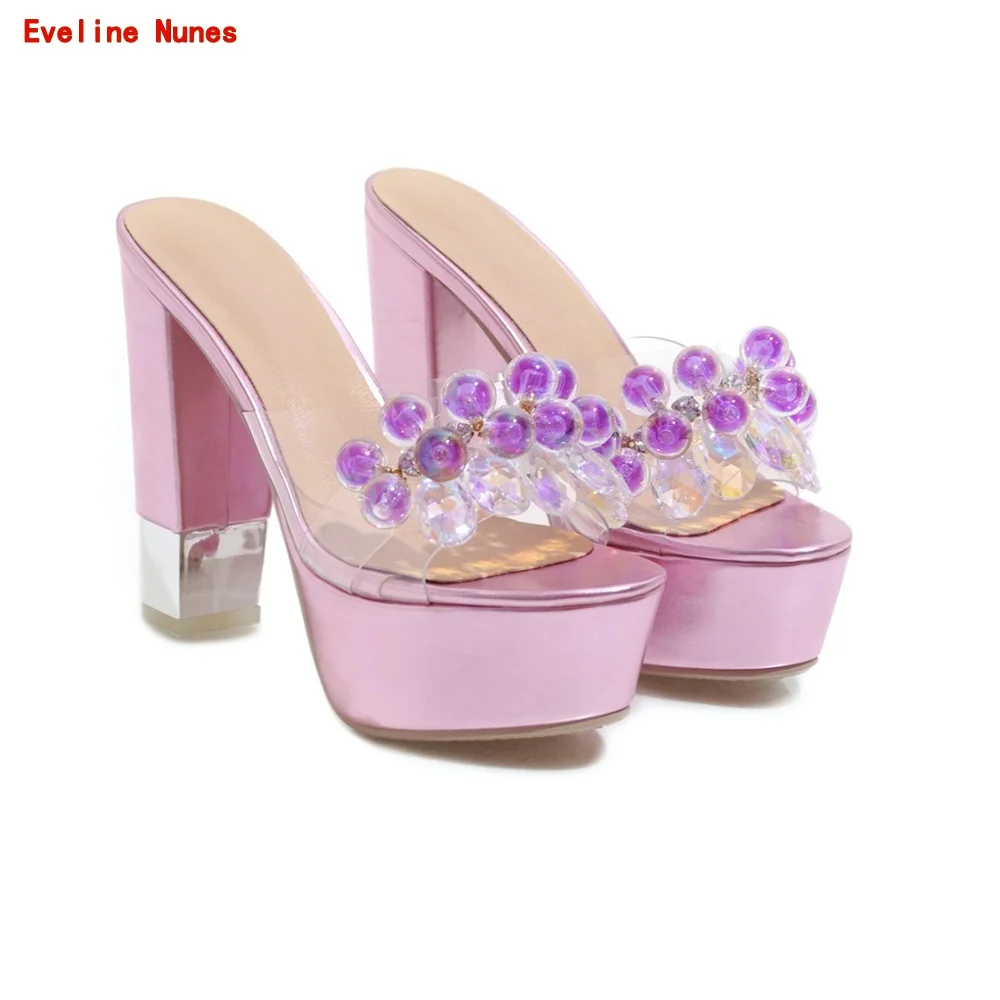Purple Pearl Rhinestone Slippers Women's New Arrival Summer Slip-on Round Toe Hollow Chunky Heel Fashion Confortable Shoes