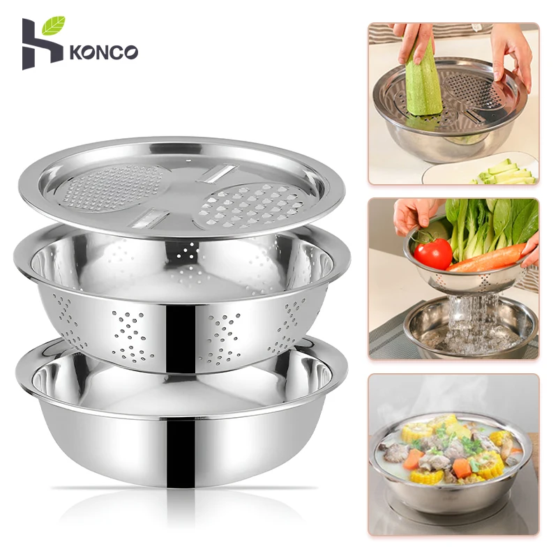 

3in1 Vegetable Washing Basins with Grater Slicer Stainless Steel Kitchen Strainer Colander Basin Fruits Vegetable Storage Basins