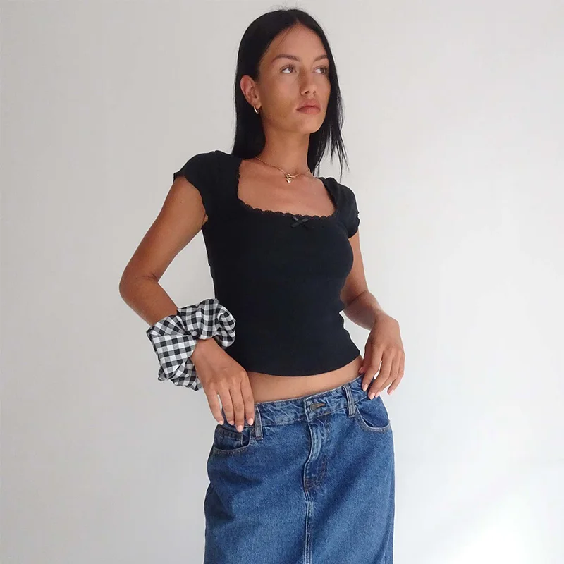 y2k Винтажная детская футболка с кружевной отделкой вязаная летняя квадратным