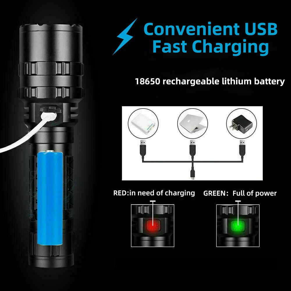 LED Tactical Hunting Torch Flashlight L2 18650 Aluminum Waterproof Outdoor Lighting with Gun Mount +Switch USB Rechargeable Lamp images - 6