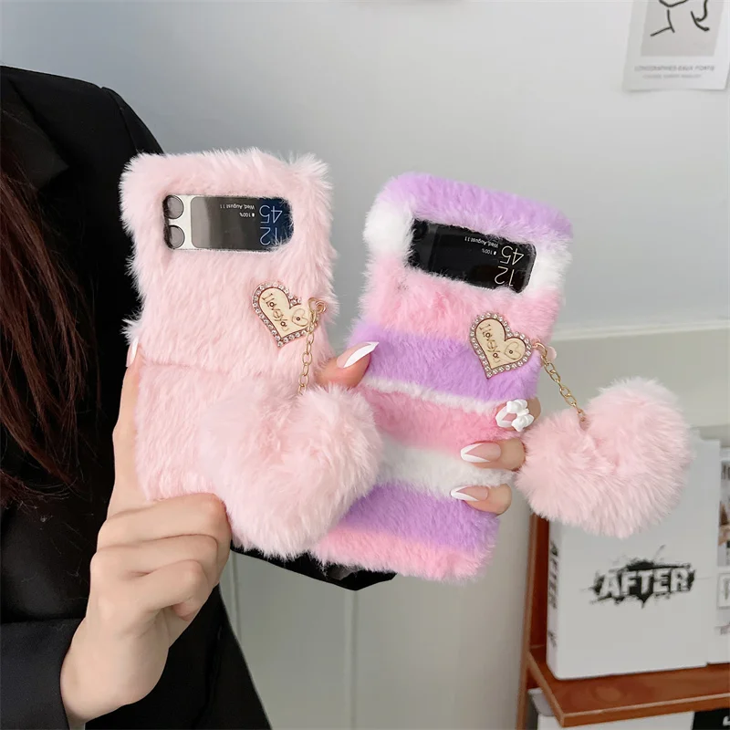

Luxury Cute Plush Colorful Rainbow Phone Cases For Huawei P50 Pocket Warm Protective Antislip Cover With Love Heart Pendant